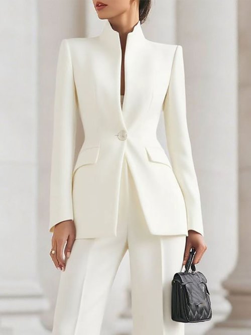 Imagen de Elegante Conjunto de Traje para Mujer con Chaqueta de Manga Larga y Pantalón, Estilo Otoño, Color Sólido, Corte Ajustado y Profesional