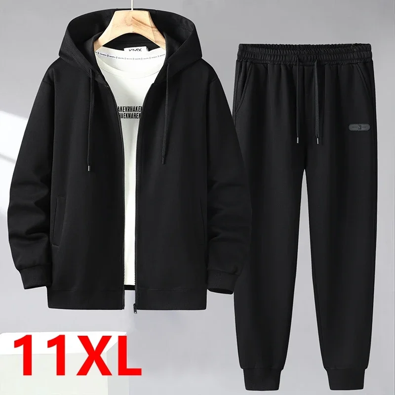 Immagine di Set da Uomo Primavera Autunno Plus Size con Cappuccio: Felpa Allentata alla Moda e Pantaloni Sportivi Casual in Due Pezzi per Uomini Fino a 170 kg