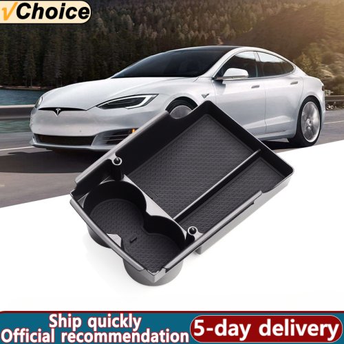 Immagine di Per Tesla Model S Model X Console centrale Organizer Portabicchieri Bracciolo Scatola di immagazzinaggio Accessori auto 2016 2017 2018 2019 2020 2021