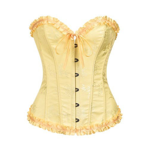 Image of Elegant Yellow Jacquard Ruffled Trim Boned Overbust Push-Up Bustier Corset for Women – Slimming Gothic Lingerie Top