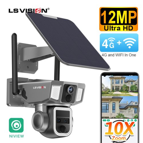 Image of LS Vision 12MP 6K Solar-Powered Outdoor Security Camera with 10X Zoom, Dual Screens, 4G & WiFi, Triple Lens, Dual PIR Motion Detection, and Auto-Tracking CCTV System