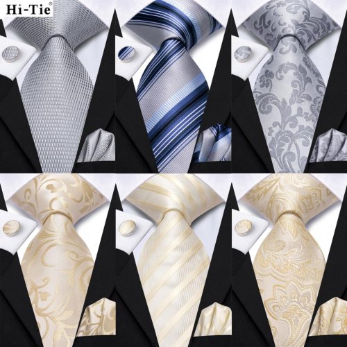Immagine di Cravatta Elegante in Seta con Motivo Paisley Floreale Champagne per Uomo, Ideale per Sposo, Matrimonio e Occasioni Formali - Inclusa Tasca Quadrata e Gemelli