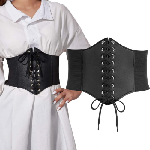 Immagine di Cintura Corsetto Donna in Pelle PU Stile Gotico Vintage – Cintura Stringata Larga Nera per Vita Dimagrante e Look Fashion