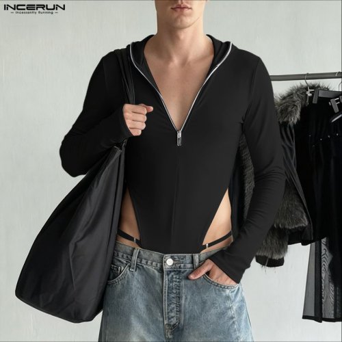 Afbeelding van Herenspeelpakje met Capuchon - Gebreide Lange Mouw Bodysuit in Effen Kleur voor Streetwear en Casual Mode