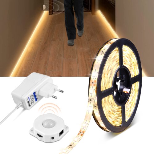 Image of Smart Motion Sensor LED Under Cabinet Light Strip with Night Light Function, 1m & 5m Flexible LED Tape, 110V/220V to 12V Power Adapter Included
