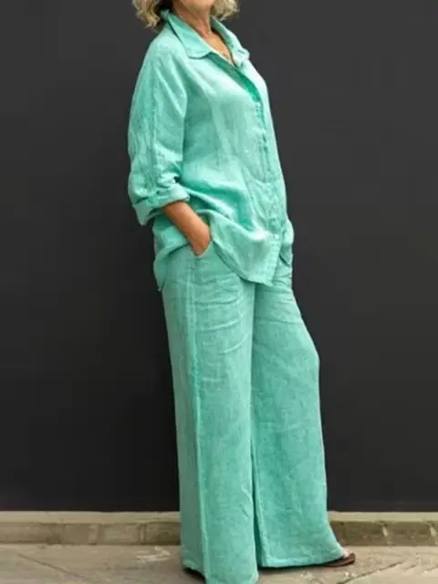 Image de Ensemble Lin Vintage 2 Pièces Femme - Chemisier & Pantalon