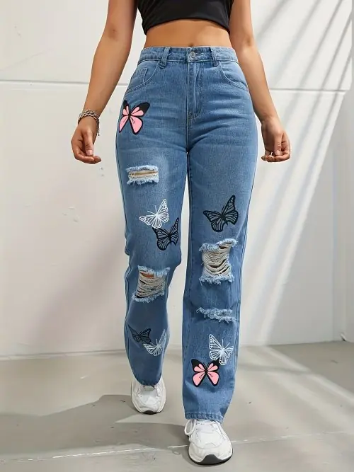 Image de Jeans Femme Vintage Taille Haute avec Imprimé Papillon