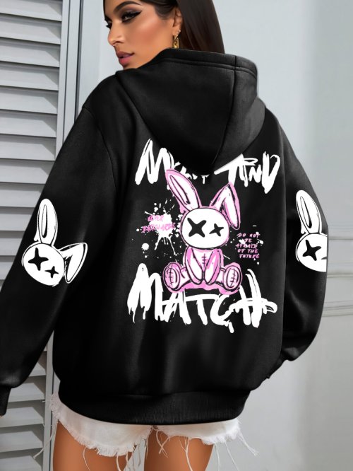 Bild von Coole Harajuku Hoodie für Frauen mit Cartoon-Kaninchen-Print – Weicher Fleece-Sweatshirt im Streetwear-Stil, lockerer Schnitt, ideal für den Alltag und Freizeit