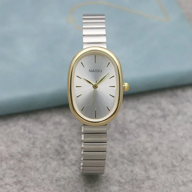 Imagen de Reloj de cuarzo ovalado con esfera pequeña para mujer, correa de bambú de acero inoxidable, reloj de pulsera de regalo de lujo a la moda para estudiantes y niñas, envío directo