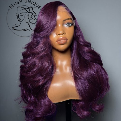 Bild von Natürliche Tiefviolette Lace-Front-Perücke mit Wellen, HD-Vorgezupft, 180 Dichte, Synthetische Leimlose Perücke für Frauen – Dunkelburgunderrote Haarverlängerung