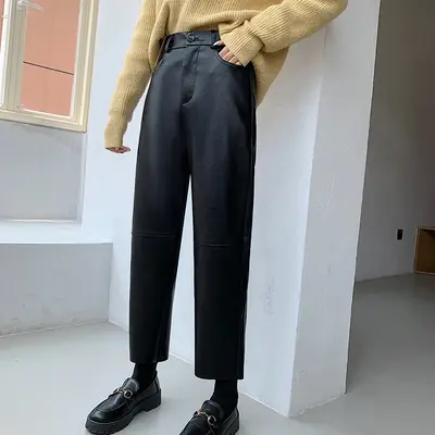 Image de Pantalon en Simili-Cuir Taille Haute - Noir & Marron