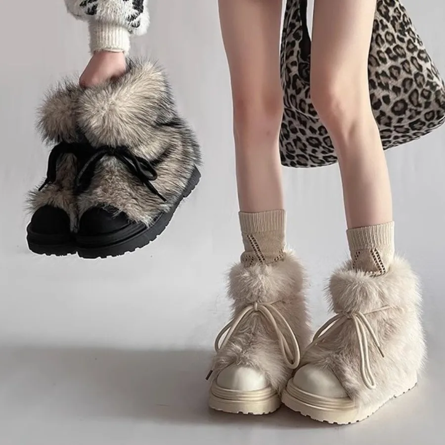 Immagine di Eleganti stivali da neve invernali da donna in pelliccia sintetica, stivali da neve con fondo spesso antiscivolo con stivali in velluto e cotone a testa grande