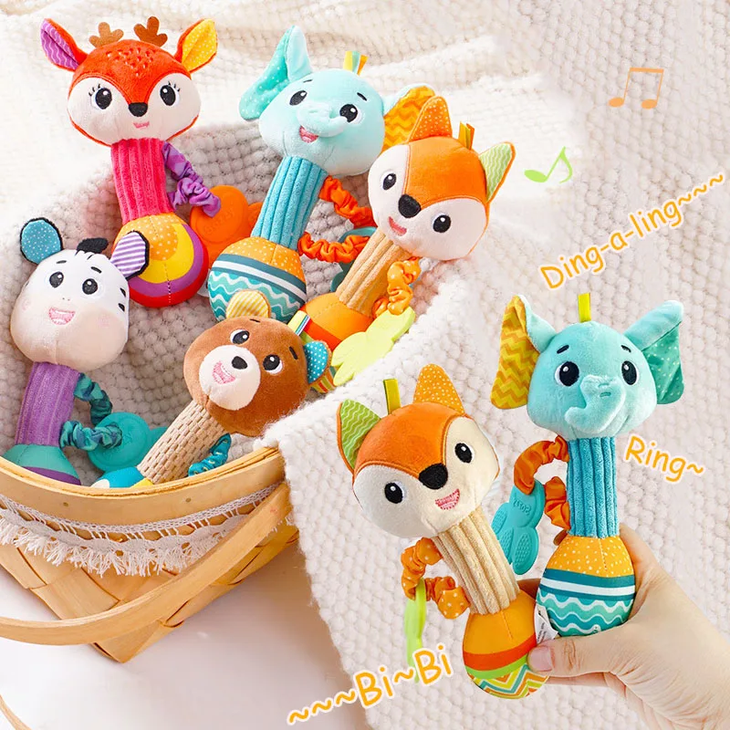 Imagen de Sonajeros para bebé, sonajero de peluche suave, agarre de mano, juguetes para bebé, coctelera arrugada, accesorios de viaje sensoriales chirriantes para regalos de niños pequeños