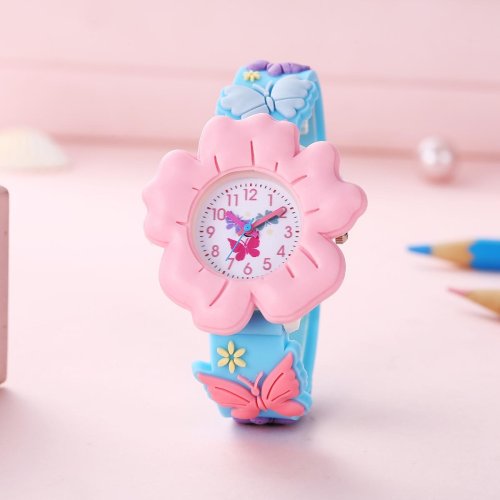 Afbeelding van Nieuw kinderhorloge met bloemvlindercartoon 3D-patroon PVC zacht zelfklevend huidvriendelijk kinderleerhorloge