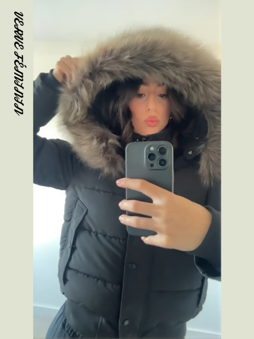 Imagen de Abrigo acolchado con cuello de piel sintética con capucha para mujer, elegante farol de manga larga con un solo pecho y bolsillo, abrigos de invierno fruncidos, prendas de vestir exteriores elegantes