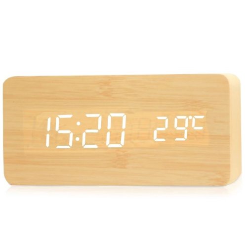 Immagine di Sveglia Digitale in Legno Naturale con Display LED, Orologio da Tavolo con Termometro, Ideale per Ufficio e Camera da Letto