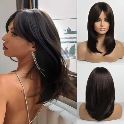 Image de Perruque Synthétique Longue & Lisse - Brune ou Blonde avec Frange