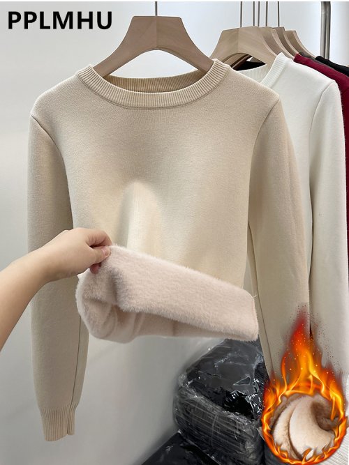 Imagen de Suéter de Terciopelo Grueso con Cuello Redondo para Mujer, Top de Punto de Manga Larga Cálido y Ajustado, Jersey Suave Informal con Forro Polar de Felpa para Invierno