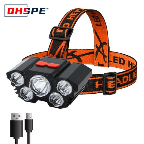 Immagine di Lampada frontale ricaricabile a 5 LED Luce forte Batteria 18650 incorporata per la pesca in campeggio avventurosa - Testa impermeabile con messa a fuoco regolabile