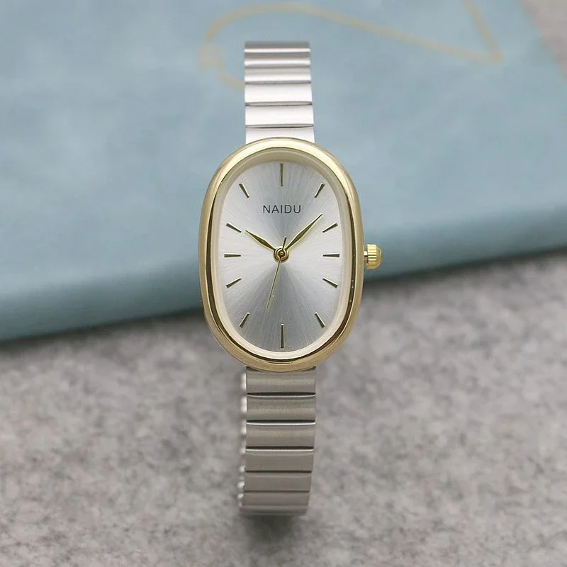 Imagen de Reloj de Pulsera Ovalado de Cuarzo con Esfera Pequeña para Mujer, Correa de Bambú y Acero Inoxidable, Diseño Elegante y Moderno, Ideal como Regalo de Lujo para Estudiantes y Niñas