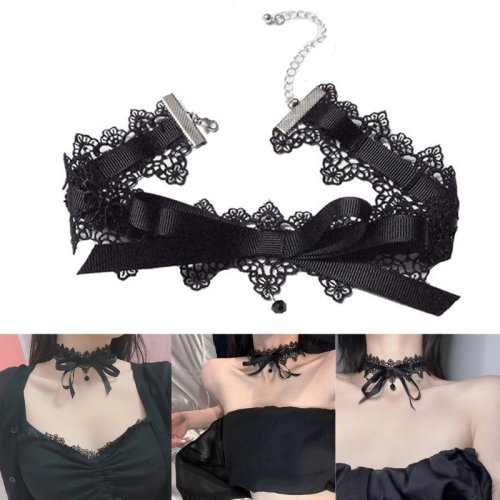 Image of Elegant Black Lace Bowknot Choker Necklace with Gothic Collar Design – Vintage-Inspired Short Chain Fashion Jewelry for Women