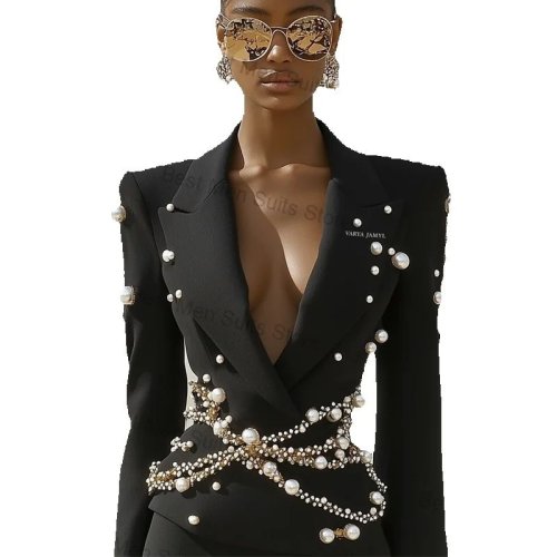 Image of Elegant Women's Crystal-Embellished Blazer Suit with Pearl Accents – Formal Cotton Jacket for Wedding, Office, or Special Events