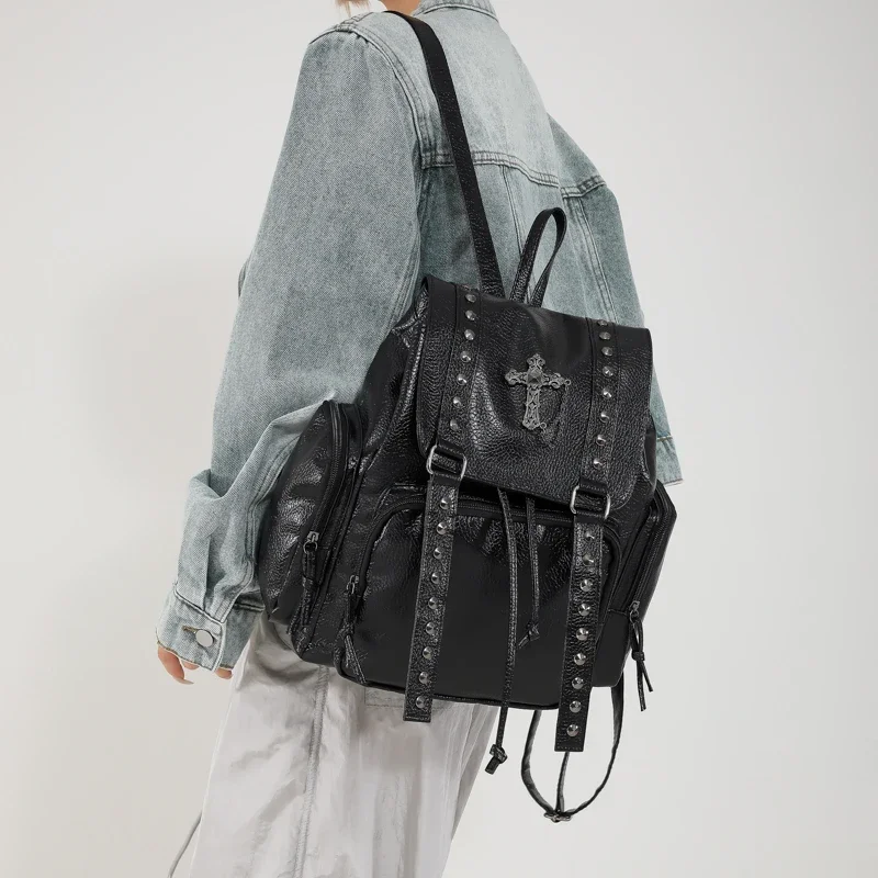 Zdjęcie Plecak damski Y2K w stylu gothic punk – skórzana torba na ramię z dużą pojemnością, vintage, Harajuku, college
