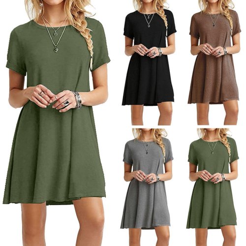 Imagen de Vestido Corto Informal de Manga Corta para Mujer con Estampado Vintage, Cuello Redondo y Corte Holgado – Mini Vestido Sencillo y Elegante para Ocasiones Casuales