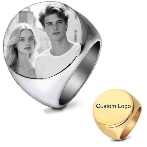 Zdjęcie Spersonalizowany okrągły pierścionek z grawerowanym imieniem Logo Biżuteria ze stali nierdzewnej Okrągłe męskie na ślub rodzinny Spersonalizowane prezenty
