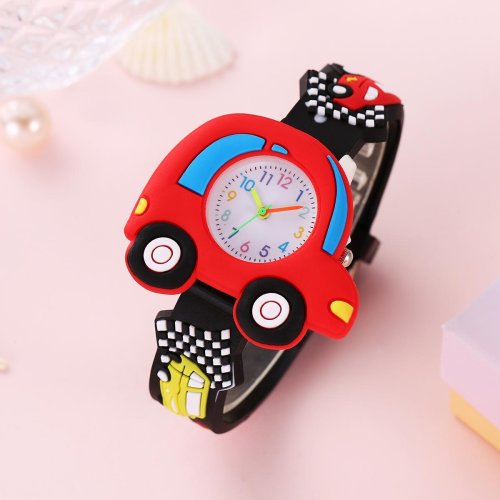 Bild von Kindersilikonuhr mit 3D-Cartoon-Rennwagen-Muster – Modische und farbenfrohe Armbanduhr für Jungen und Mädchen