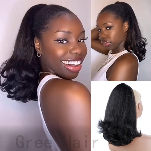 Bild von Natürliche 16-Zoll-Synthetische Schwarze Kordelzug-Pferdeschwänze für Schwarze Frauen – Yaki-Glatte Haarverlängerungen zum Verzieren für Alltag und Partys