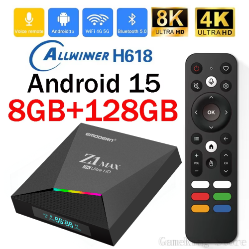 Image of Z1 Max Android TV Box 4K/8K HDR with Android 15, 4G LTE & Dual Band WiFi, Allwinner H618 Chipset, 8GB RAM + 128GB Storage, Bluetooth 5.0, Voice Remote Control for Smart Home Entertainment
