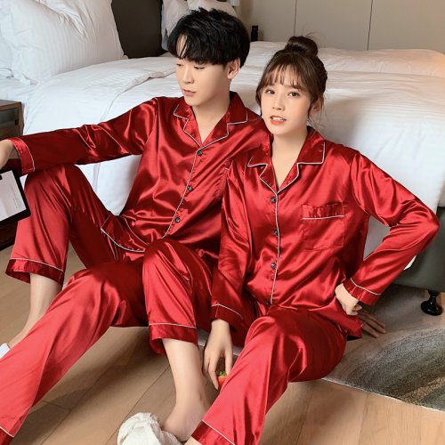 Luxurious Solid Color Silk Satin Pajama Set for Couples - Long Button-Down Sleepwear for Women and Men, Plus Size Loungewear