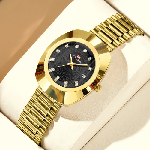 Image of Elegant 34mm Oval Women's Watch with Stainless Steel Band, Quartz Movement, Diamond Accents, Gold and Black Design for Casual, Dress, and Banquet Occasions
