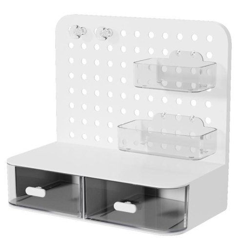 Image of Eco-Friendly Wooden Desktop Storage Organizer with Perforated Board, Drawer, and Multi-Compartment Sorting Rack for Office, Dorm, or Home Use