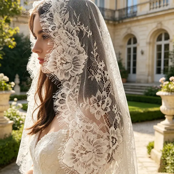 Image de Voile de Mariée Vintage en Dentelle Blanche Cassée
