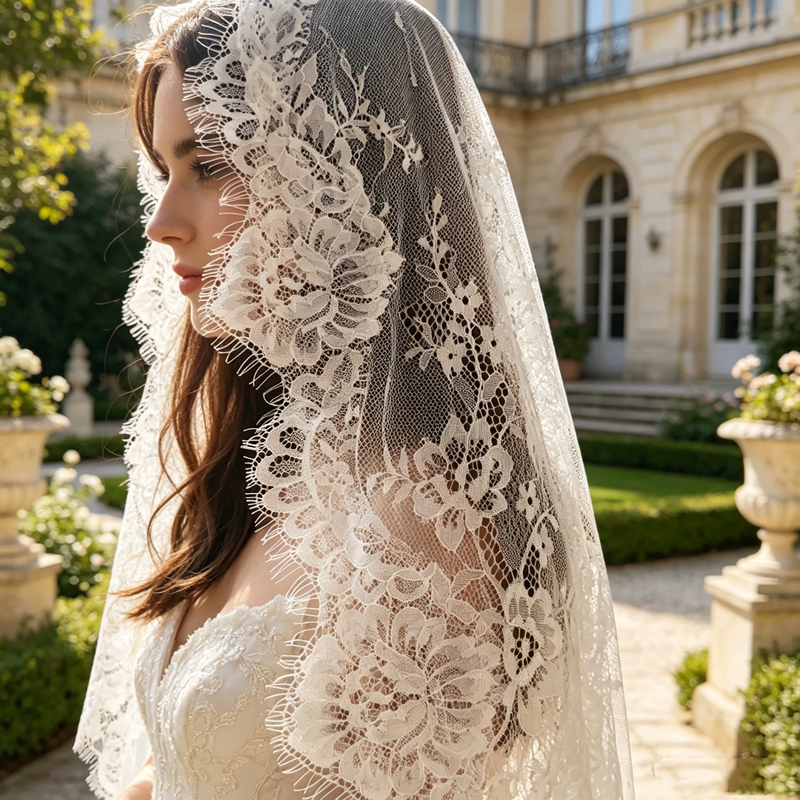 Image de Voile de Mariée Vintage en Dentelle Blanche Cassée