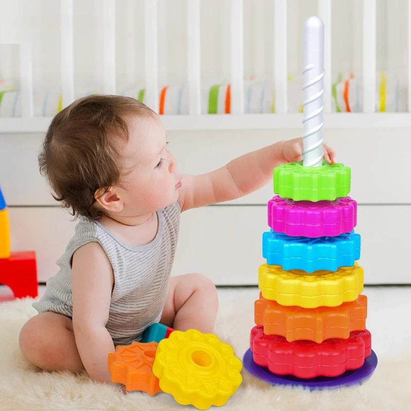 Imagen de Torre de Arcoíris Giratoria Montessori para Bebés: Rompecabezas Apilable con Diseño Rotativo para Desarrollo Motor y Juego Educativo