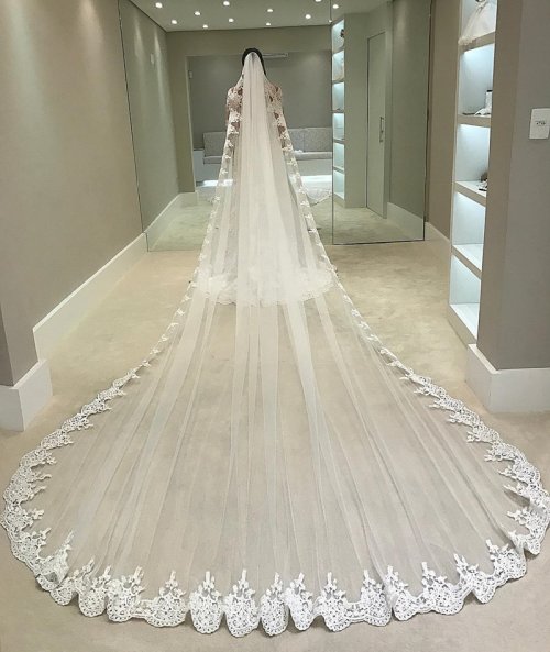 Image of White Ivory 4 Meters Long Full Edge Lace Wedding Veil One Layer Tulle Bridal Veil with Comb Wedding Accessories Veu Velo Noiva