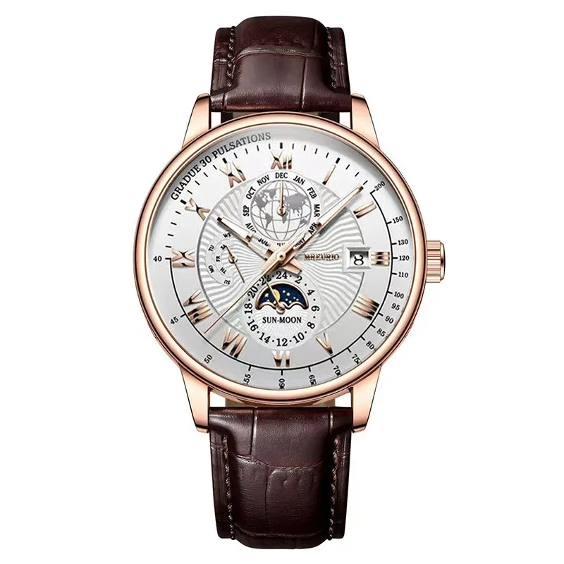 Image of 2025 Mens Watch Chronograph Moon Phase Pattern Luminous Top Luxury Sport Male Wristwatch Leather Men Quartz Watches Casual Clock