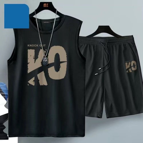 Zdjęcie 2024 letnia odzież męska Harajuku oddychająca moda odzież sportowa strój do koszykówki casual koszulka z krótkim rękawem + spodenki 2-częściowe