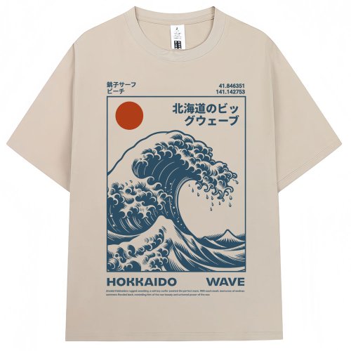 Afbeelding van Japanse Stijl Hokkaido Wave Vintage T-Shirt voor Mannen en Vrouwen - Harajuku Mode, Hoge Kwaliteit Oversized Katoenen Zomer T-Shirt