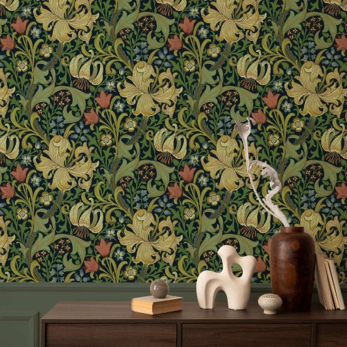 Imagen de Papel pintado de lirio dorado en la oscuridad, William Morris, papel tapiz extraíble para pelar y pegar, papel tapiz no wowen, papel artístico de pared
