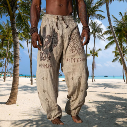 Image of Men's Vintage Pattern Printed Loose Fit Casual Pants with Drawstring Waist for Spring and Autumn