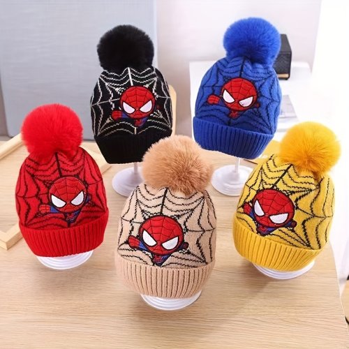 Afbeelding van Spider-Man Gebreide Wintermuts voor Baby's en Kinderen - Warme, Fleece Gevoerde Oorbeschermende Wollen Muts voor Moeder en Kind, Perfect voor Herfst en Winter