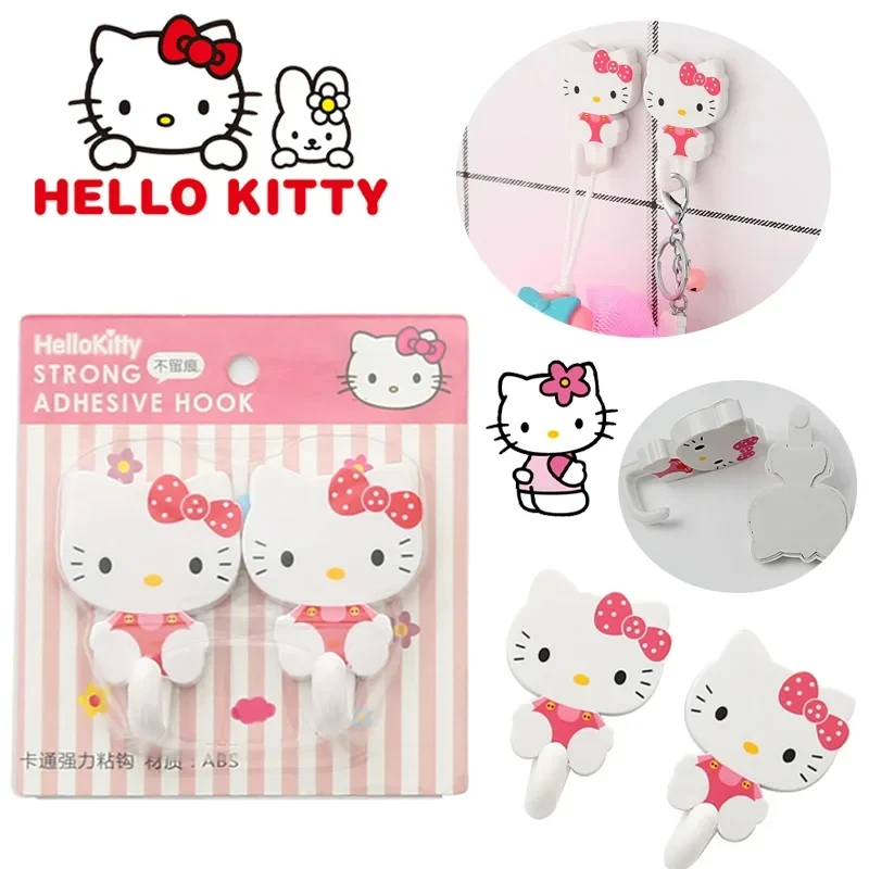 Imagen de Juego de 2 uds de ganchos autoadhesivos fuertes de Hello Kitty, colgador de almacenamiento de llaves para cocina, baño, puerta, gancho de pared, accesorios para el hogar