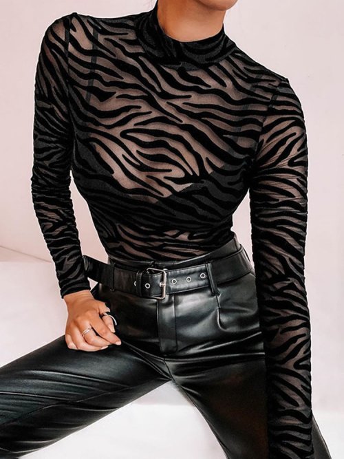 Imagen de Body Sexy transparente de malla negra para mujer, peleles informales ajustados de manga larga con cuello simulado a rayas, Body para fiesta y Club