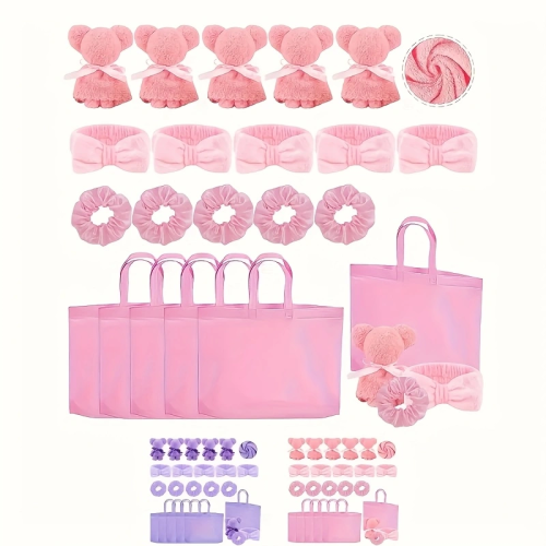 Afbeelding van 20-delige Spa Cadeauset met Polyester Tassen, Hoofdbanden, Haarringen en Beervormige Stoffen – Ideaal voor Bruidsdouches en Singles