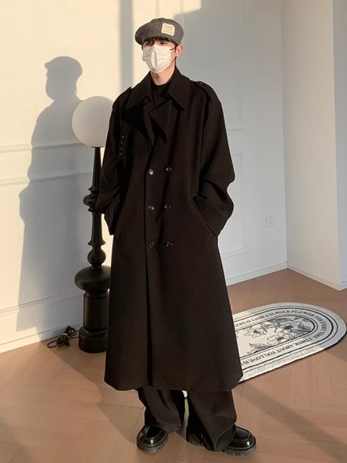 Immagine di Cappotto Uomo Autunno Inverno Lungo Oversize Antivento in Lana Mist, Doppio Petto Nero Caldo e Stile Elegante 2023