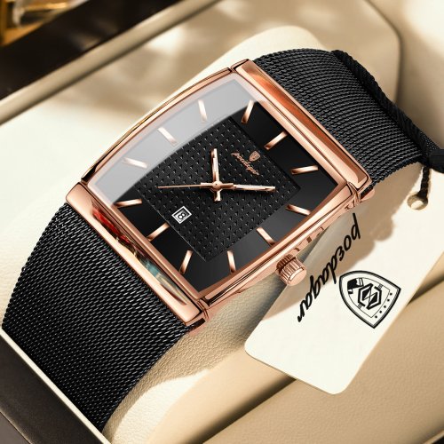 Afbeelding van POEDAGAR Top Luxe Heren Horloge Roestvrij Stalen Gaas Datum Waterdicht Lichtgevende Man Horloge Casual Rechthoek Quartz Heren Horloges